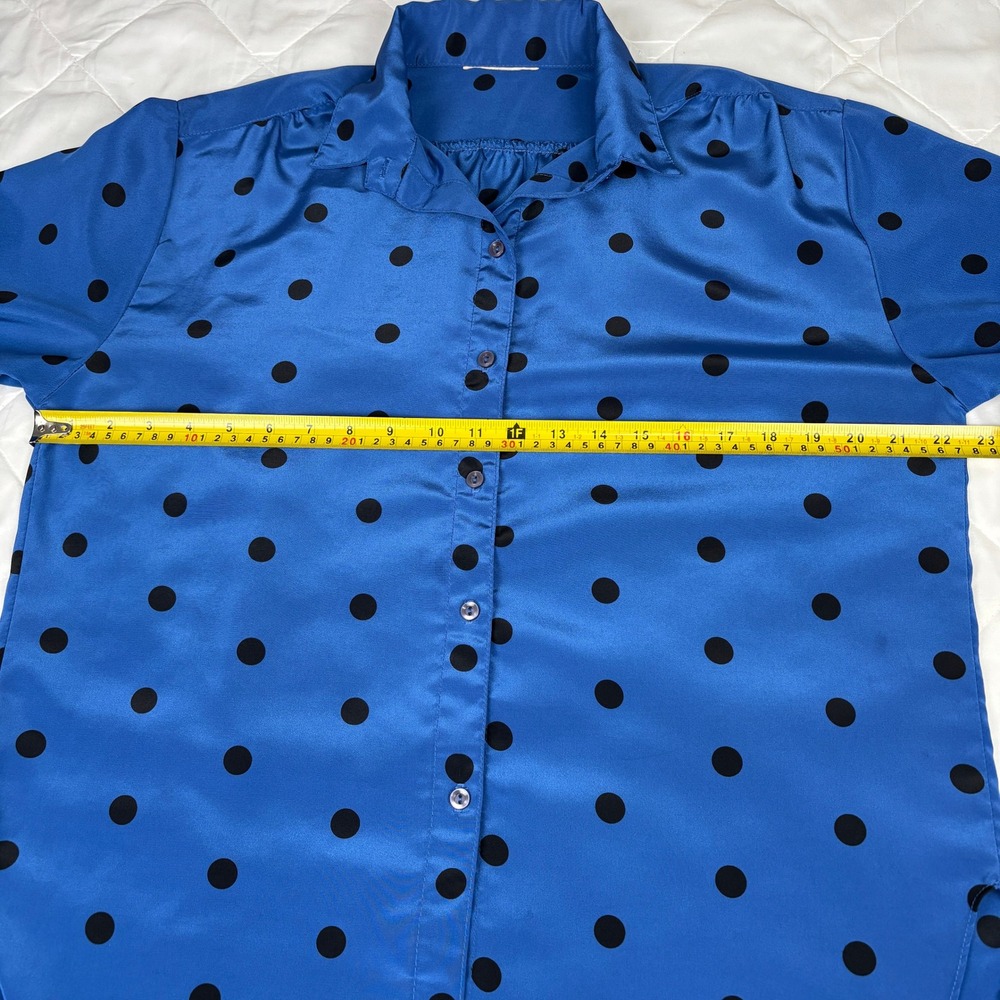 Blue Black Polka Dot Button Front Tunic Blouse Long Sleeve Roll Tab XL - Picture 5 of 12
